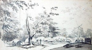 Uitzicht op een Heuveldorp in het District Baugelepoor (Bhagalpur) door William Hodges